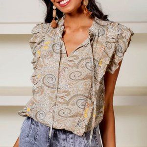 Elan Anegada Ruffled Floral Paisley Boho Blouse, M NWT
